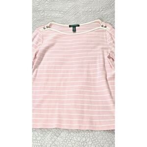 Women's LAUREN RALPH LAUREN Pink White Striped 100% Cotton Knit Top Size XL
